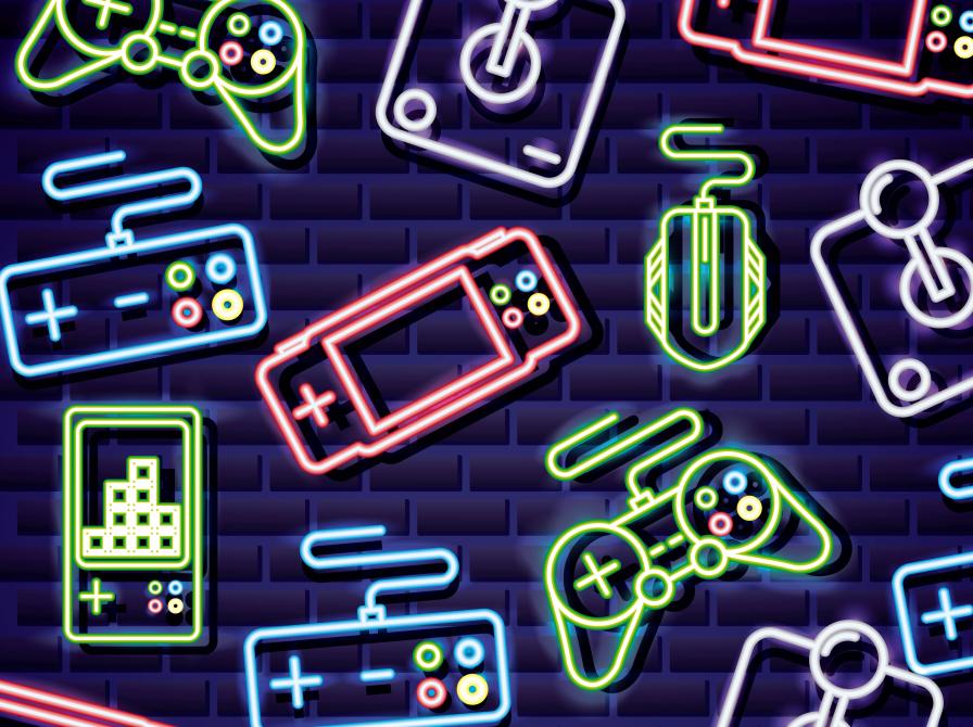 Billedet viser neonoplyste controllere på sort baggrund